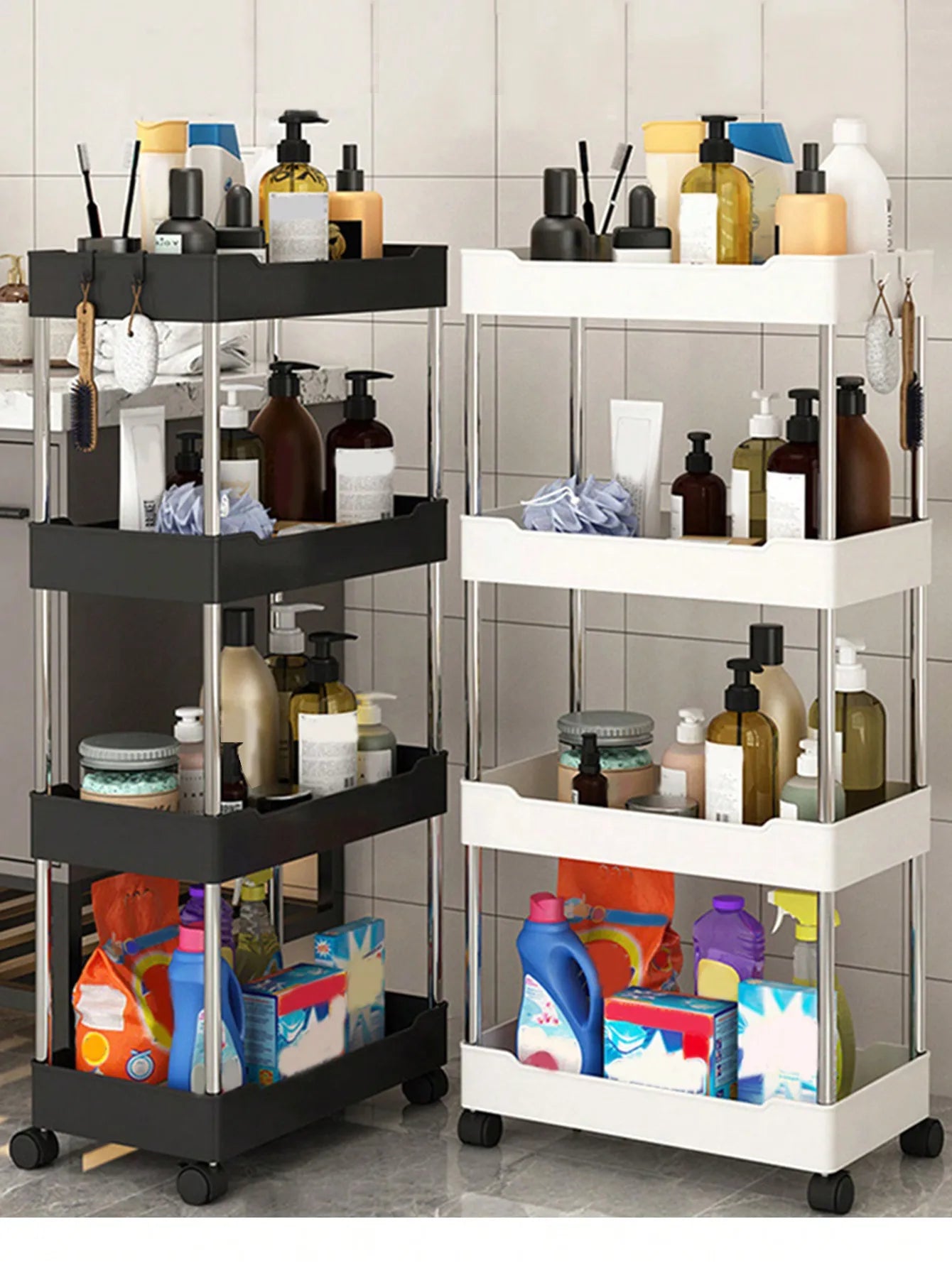 3/4 Tier Rolling Utility Cart Slim Storage Organizer Movable Gap Shelf for Kitchen Bathroom Living Room