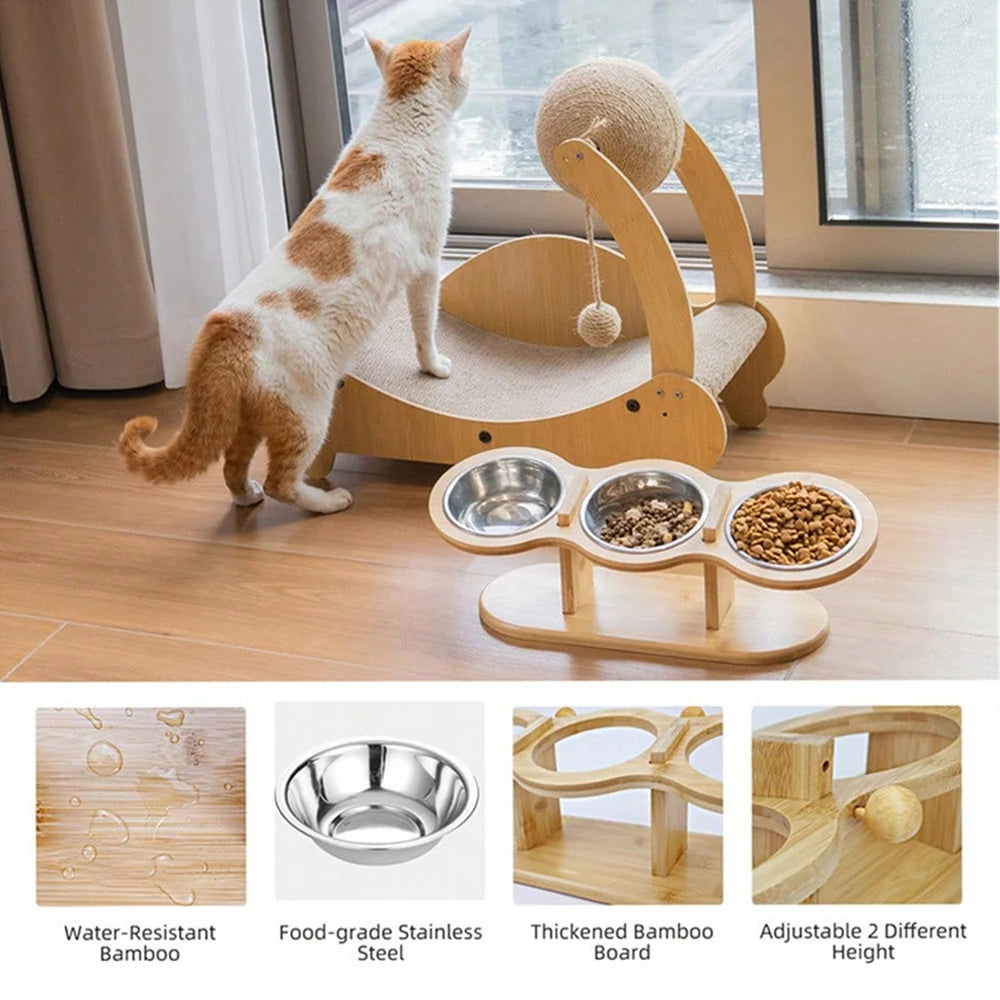 Raised Cat Feeder 3 in 1 – Stainless Steel Bowls with Wood Stand