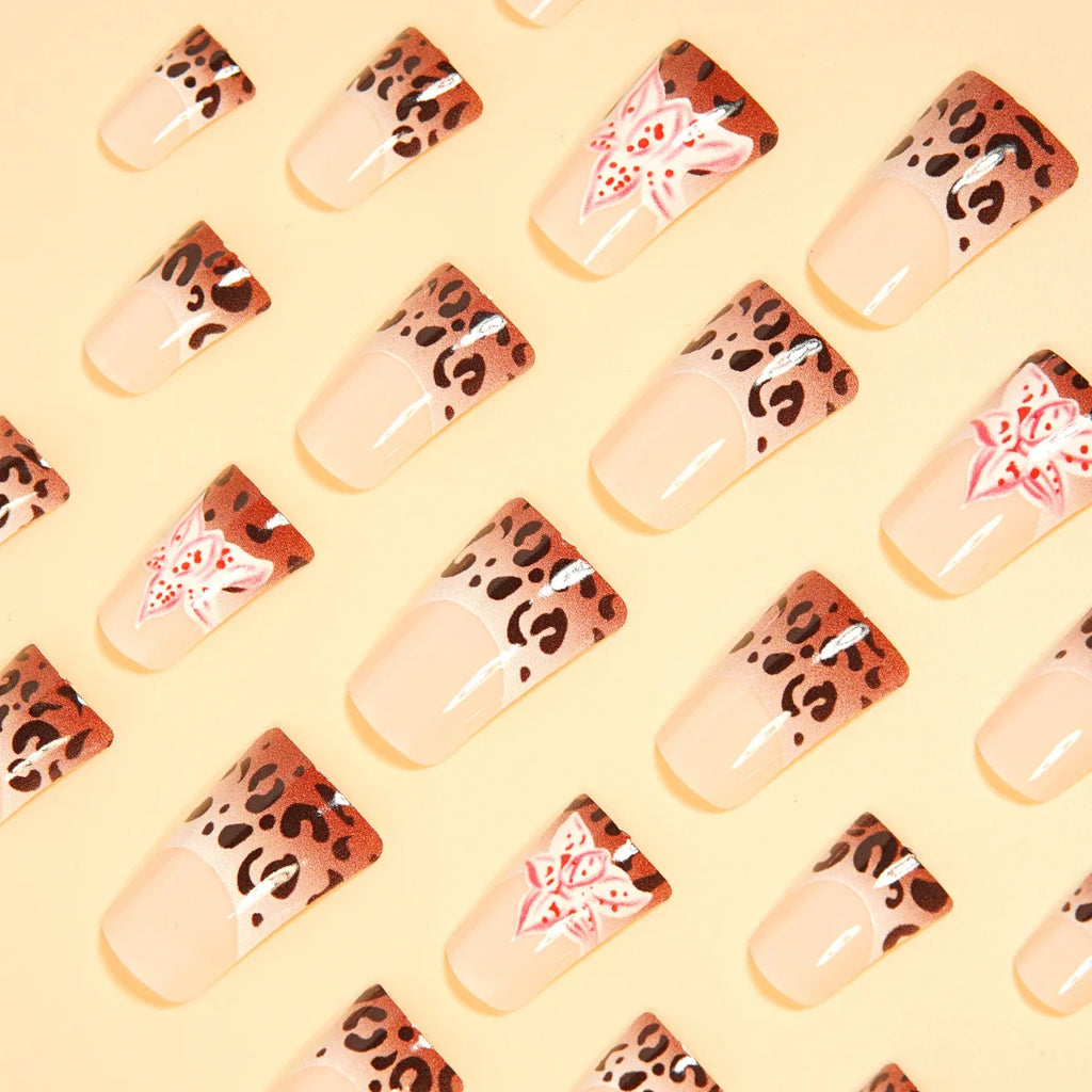 24pcs Medium Long Press-On Nails – Y2K Leopard Gradient Square Ballet Tips