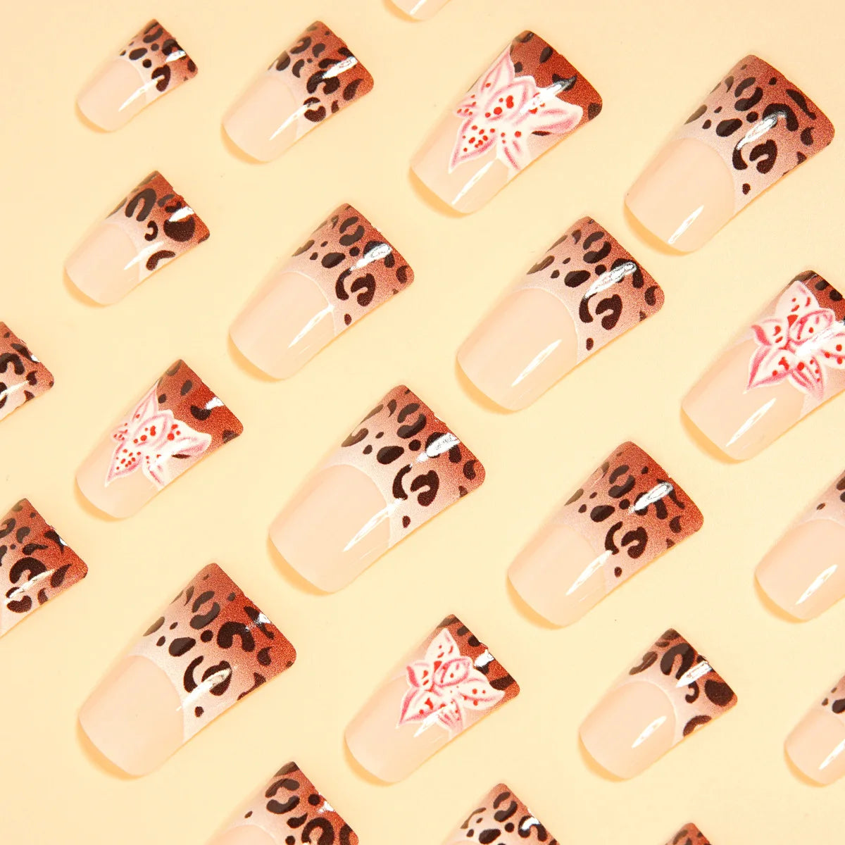 24pcs Medium Long Press-On Nails – Y2K Leopard Gradient Square Ballet Tips