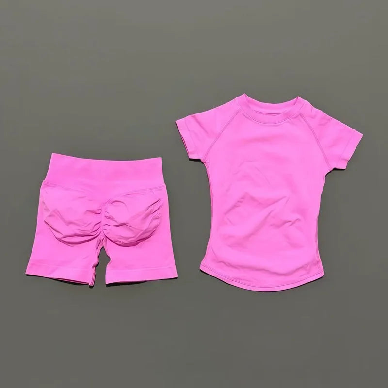 2 Piece Impact Sports Set Women Gym Yoga Set Seamless Fitness Gym Clothes Sportswear Short Sleeve Top Sports Short Leggings Suit