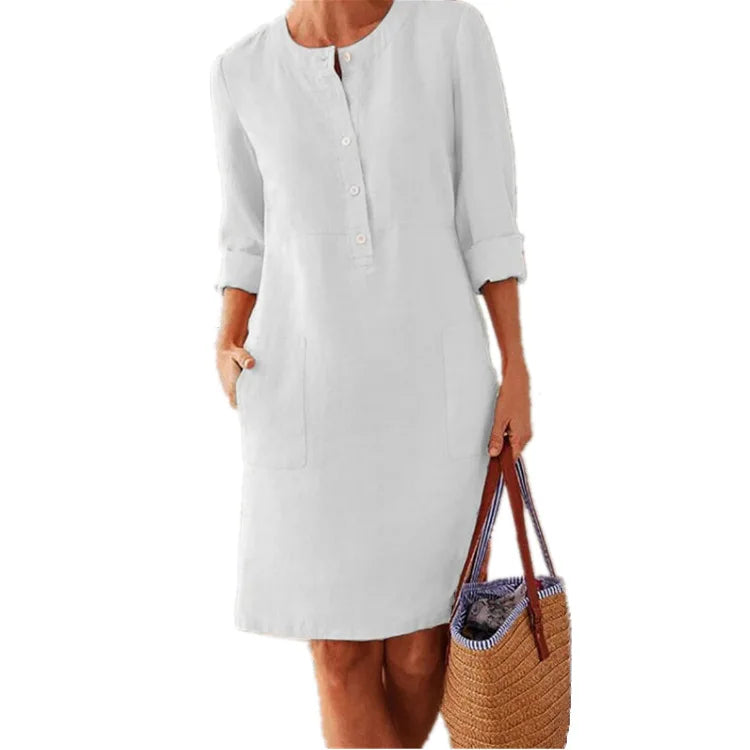 Women’s Cotton Linen Tunic Dress – Long Sleeve Knee-Length