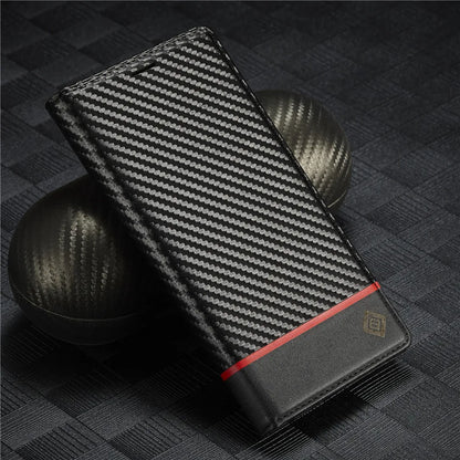 Carbon Fibre PU Leather Wallet Flip Case for iPhone with Card Slot & Magnetic Cover