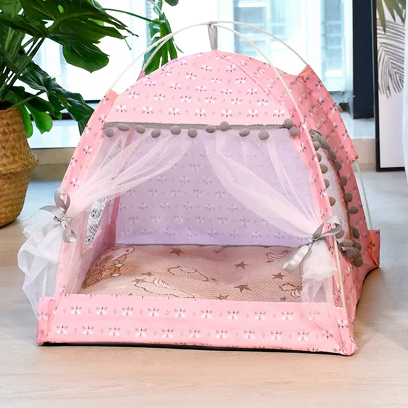 Semi Enclosed Cat Tent Bed Floral Pet Nest for Cats & Small Dogs Cozy All Season Pet House Breathable Summer Cat Bed