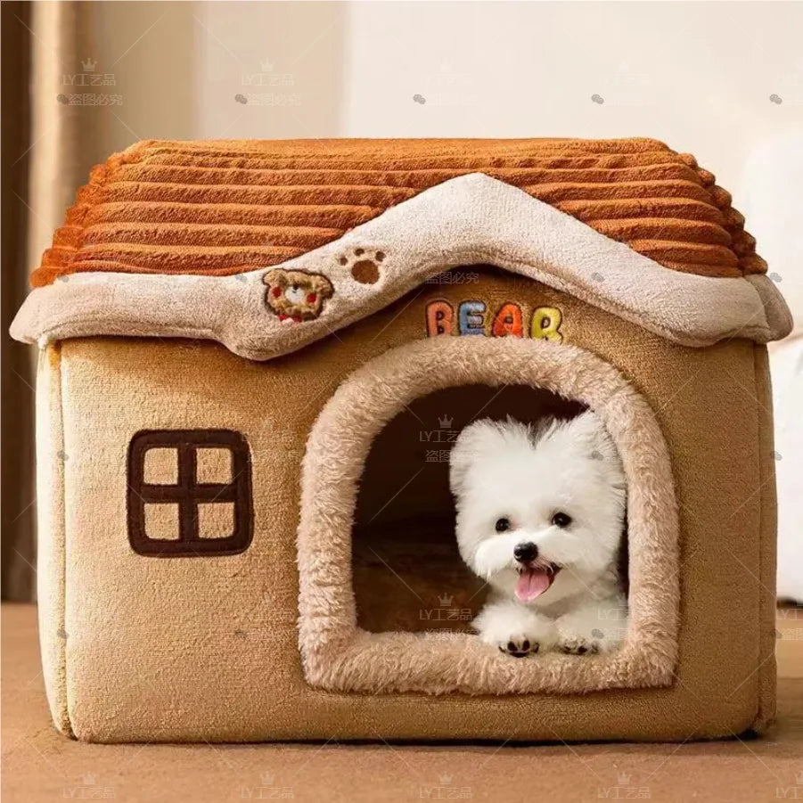Foldable Cute Pet House Soft Cat & Dog Bed Detachable Washable Pet Cave