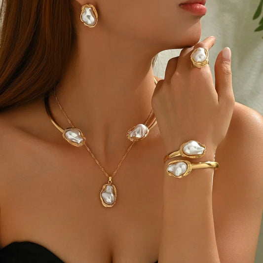 Trendy Baroque Pearl Necklace, Bracelet & Ring Set – Wedding & Party Jewellery for Women