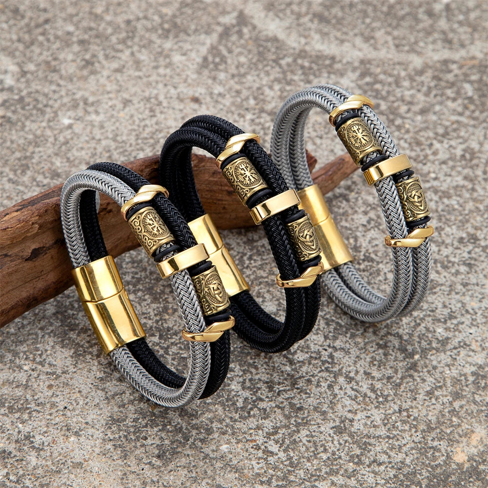 Vikings Runes Double-Layer Unfading Steel Wire Rope Bracelets Men Norse Gold Color Stainless Steel Wristband Luxury Male Jewelry