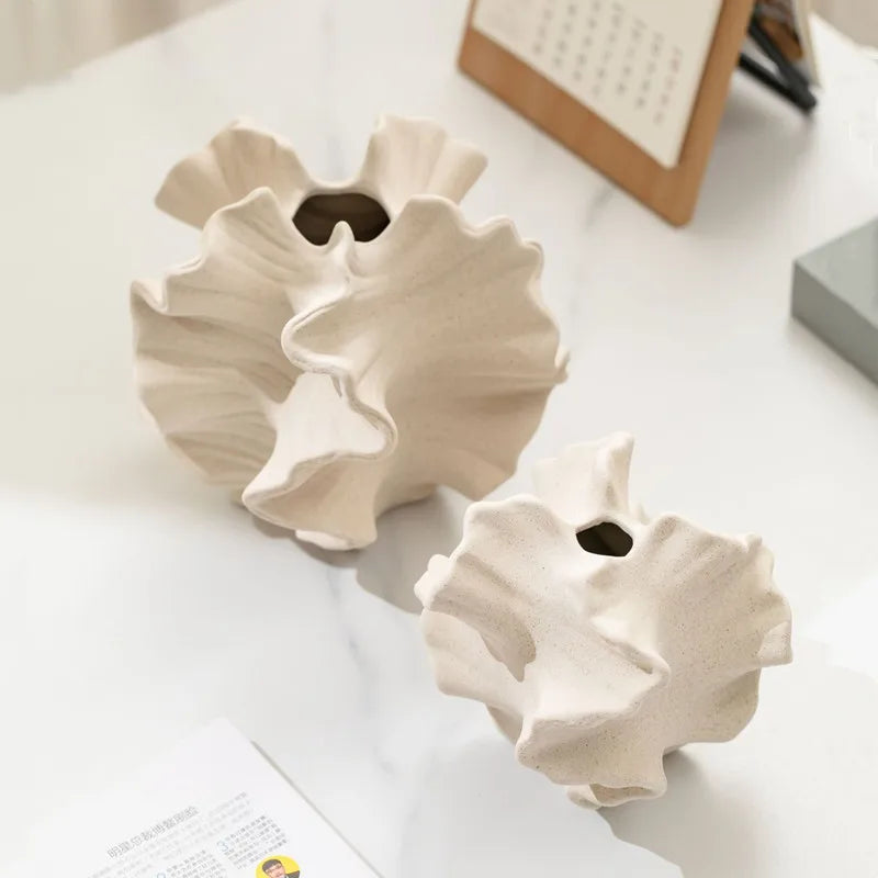 Ceramic Flower Vase Geometric Wavy Petal Design Porcelain Vase Home Decor