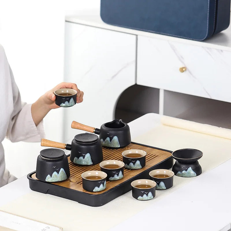 11PCS Japanese Travel Tea Set – Ceramic Teapot Cups with Bamboo Tray