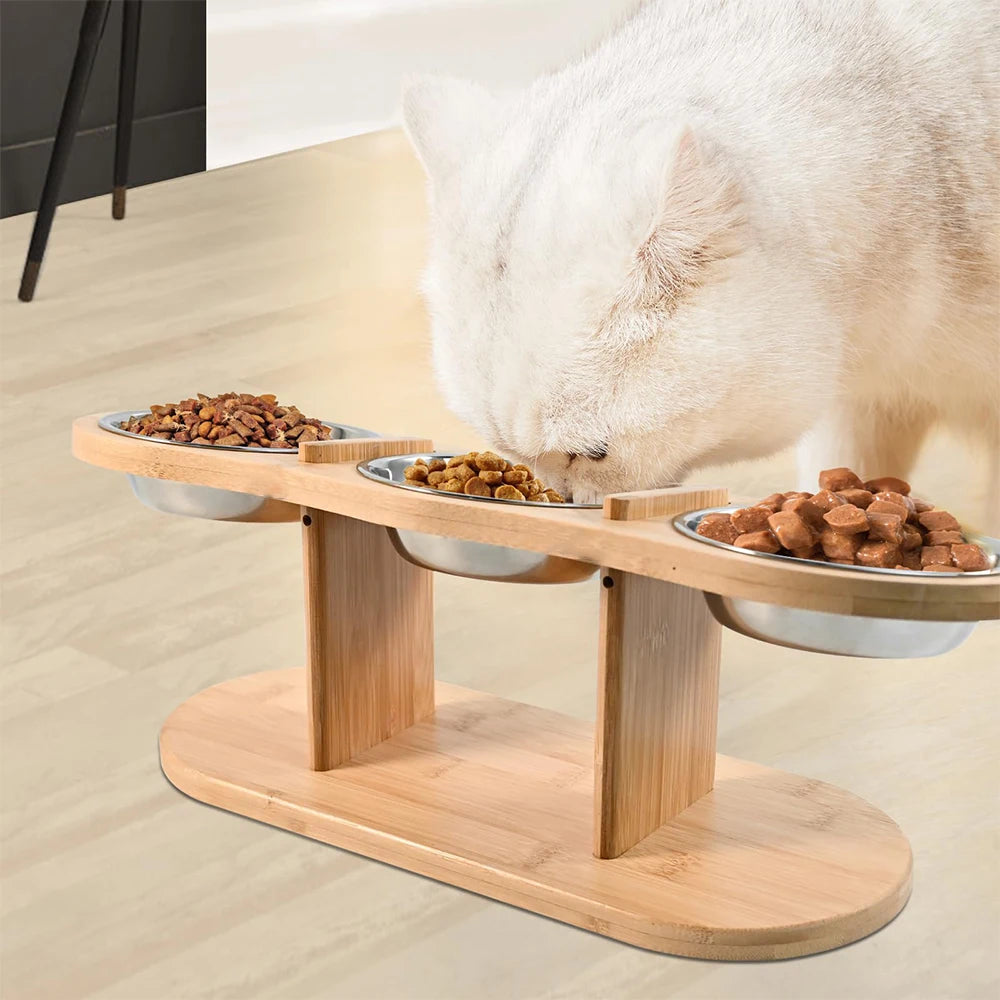 Raised Cat Feeder 3 in 1 – Stainless Steel Bowls with Wood Stand