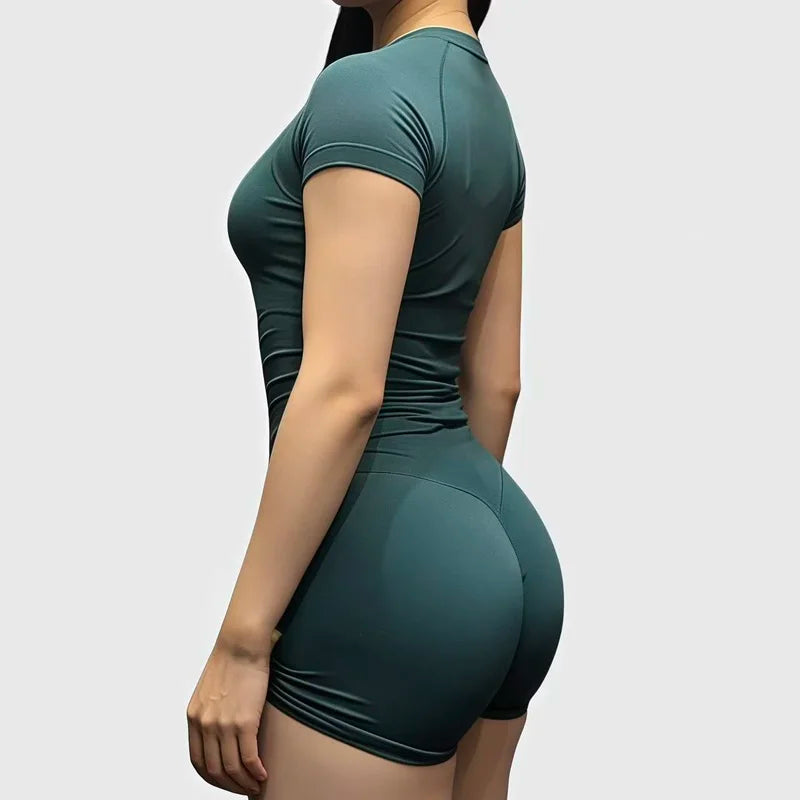 2 Piece Impact Sports Set Women Gym Yoga Set Seamless Fitness Gym Clothes Sportswear Short Sleeve Top Sports Short Leggings Suit