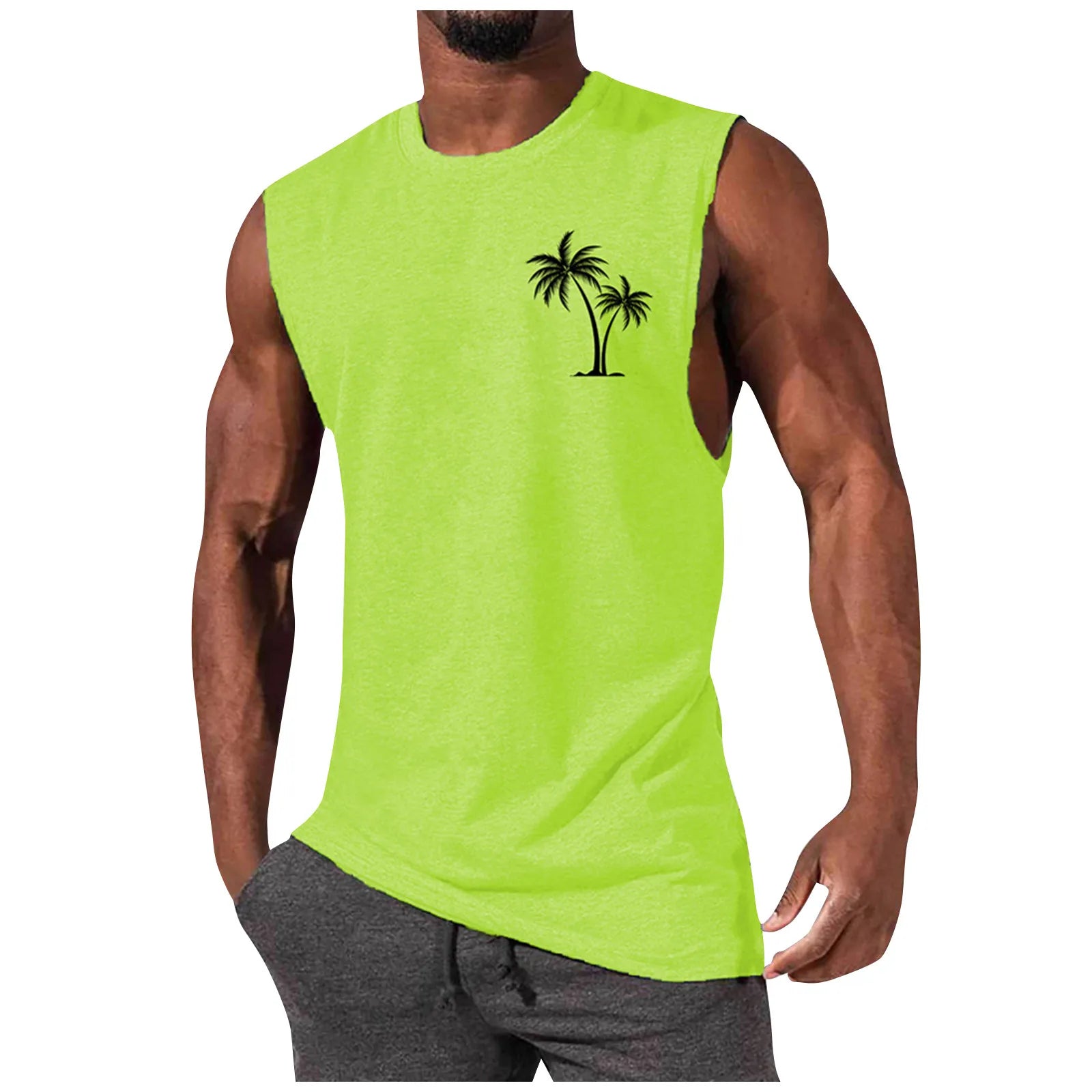 2025 Men'S Muscle Fitness Shirt Sports T-Shirt Gym Training Shirt Summer Casual Vest Tree Print Sleeveless Round Neck