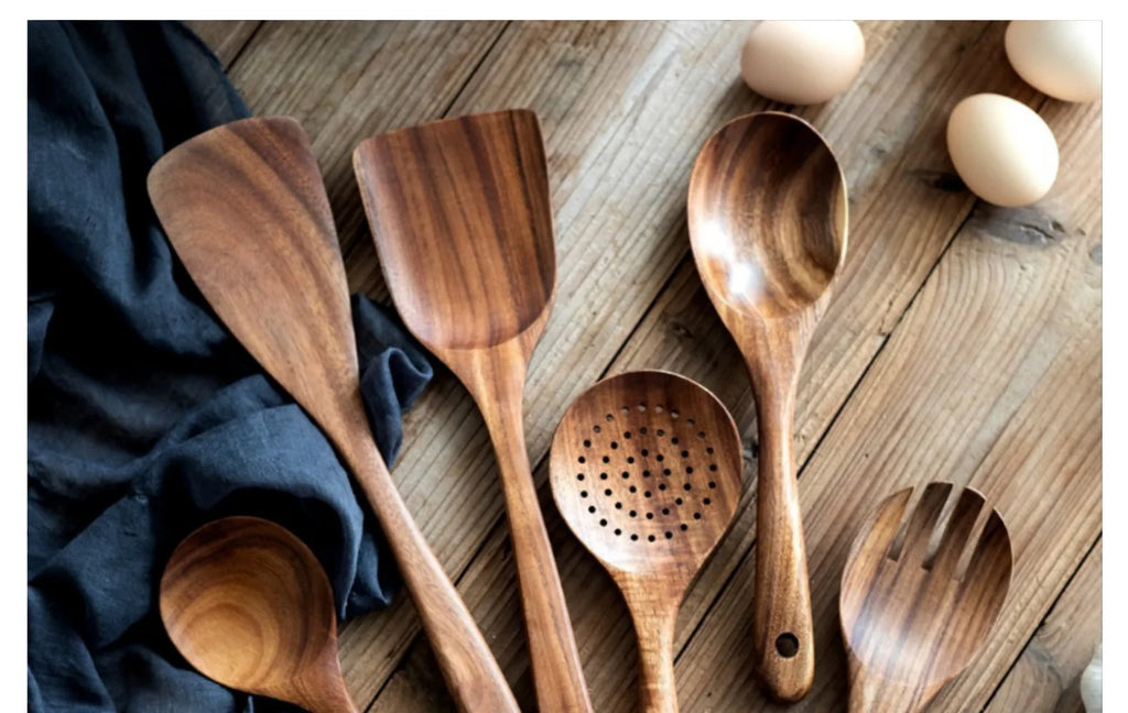 Wooden Kitchenware Cooking Shovels Spoon Colander Kitchen Utensils Set Household Cutlery Rack Teak Natural Wood Cookware