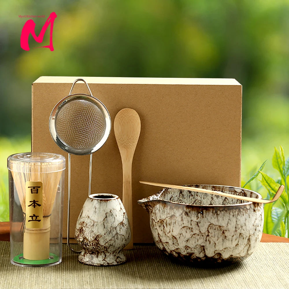 6PCS Japanese Matcha Tea Set with Bamboo Whisk Bowl Scoop & Whisk Holder Traditional Matcha Making Kit