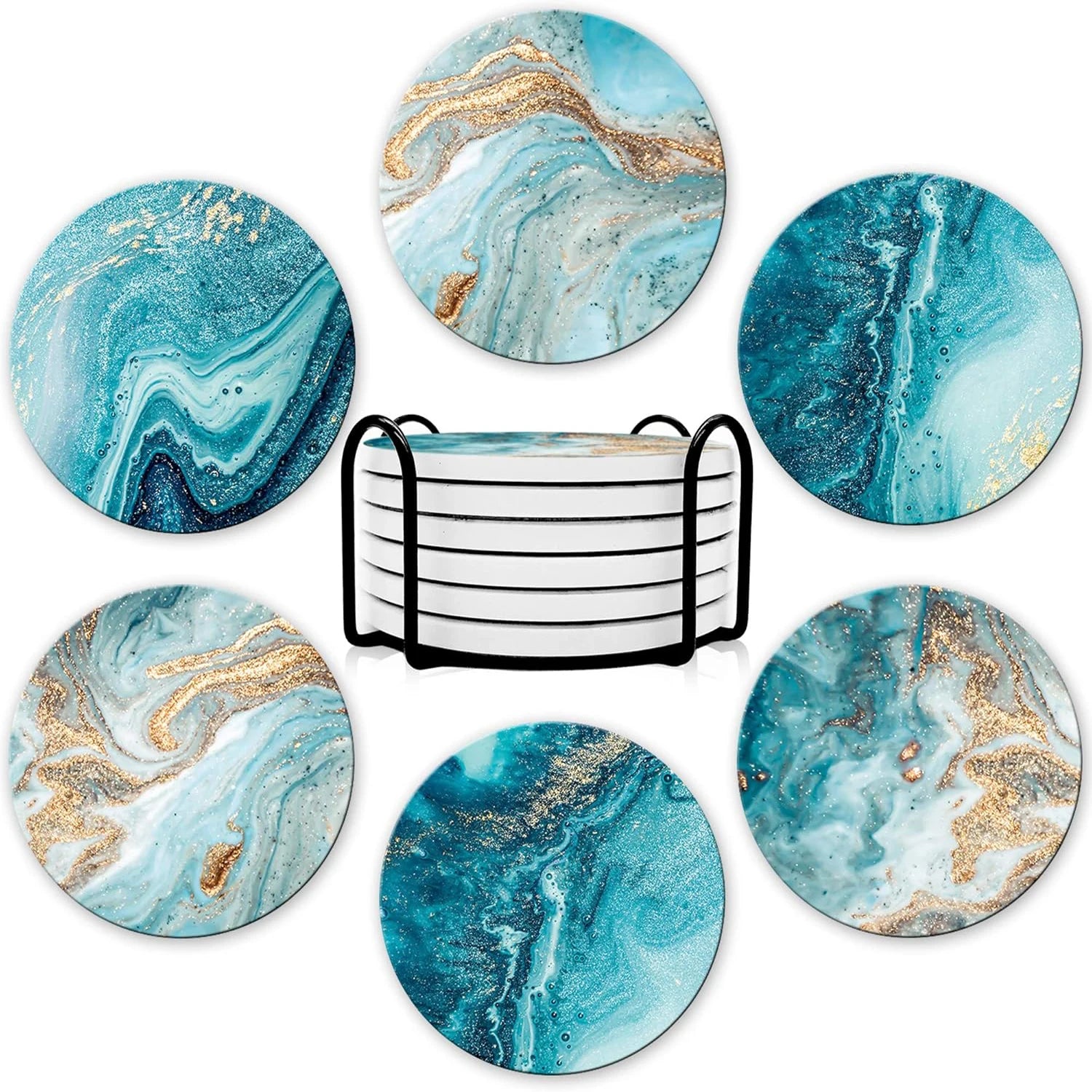 6PCS Ceramic Marble Coaster Set with Holder – Beverage Cup Coasters