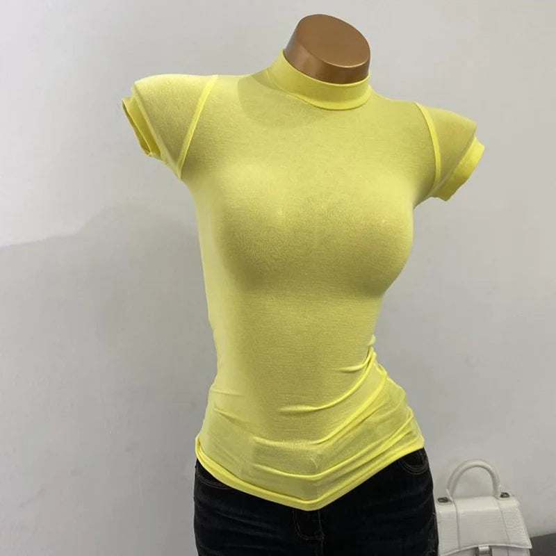 Women Korean Half Turtleneck Short Sleeve Slim Fit T-Shirt Stretch Bodycon Solid Basic Inner Layer Sexy Summer Top