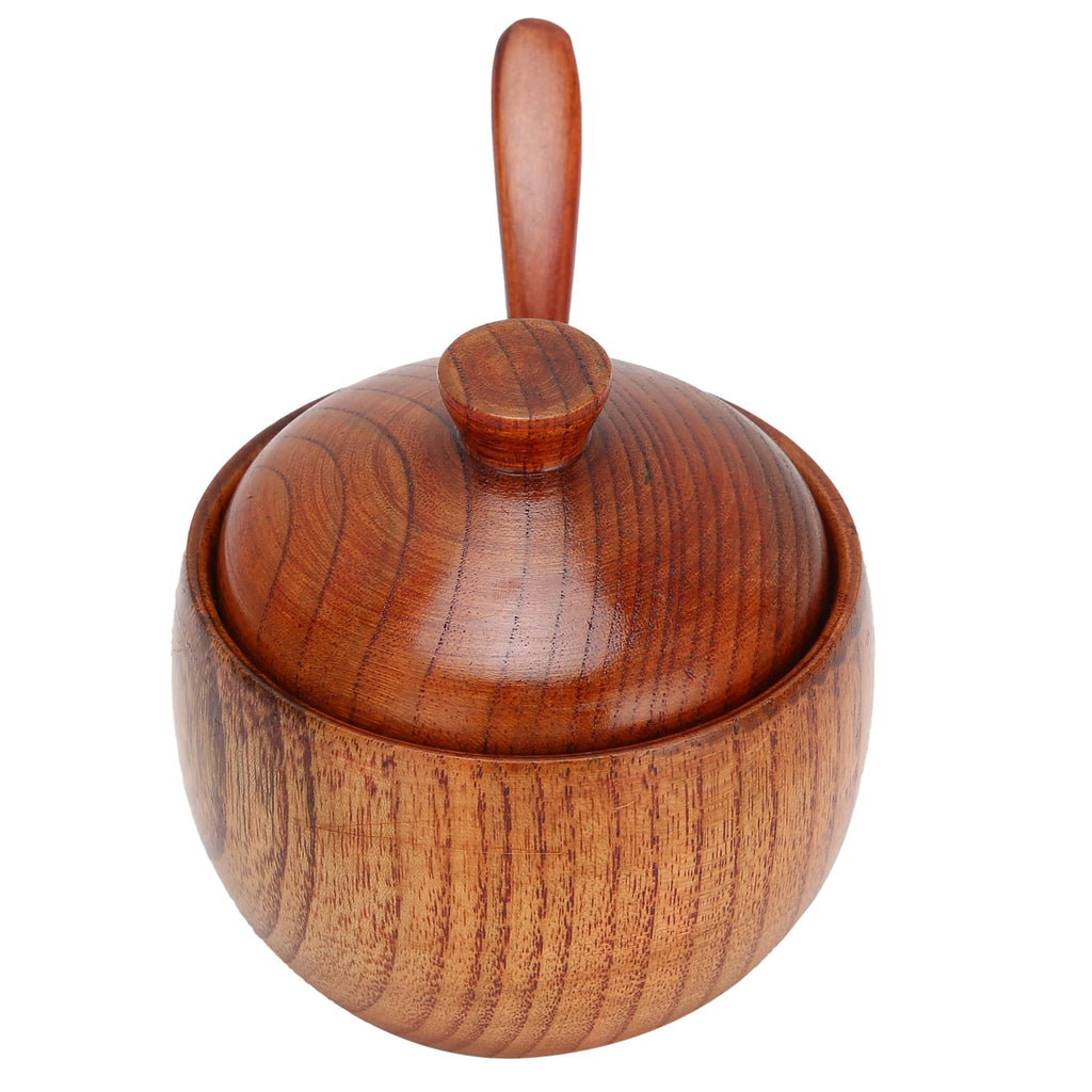 Wood Spice Jar Sugar Bowl Salt Pepper Seasoning Box with Spoon and Lid Home Kitchen Cooking Tool