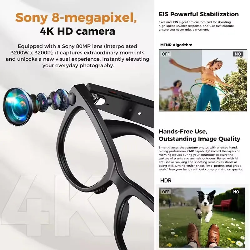 Study Travel Smart Glasses Men 800W Pixel Camera 4k Ultra HD 1080P Video Recording Take Photo AI Chat Music Call AI Glasses 2026
