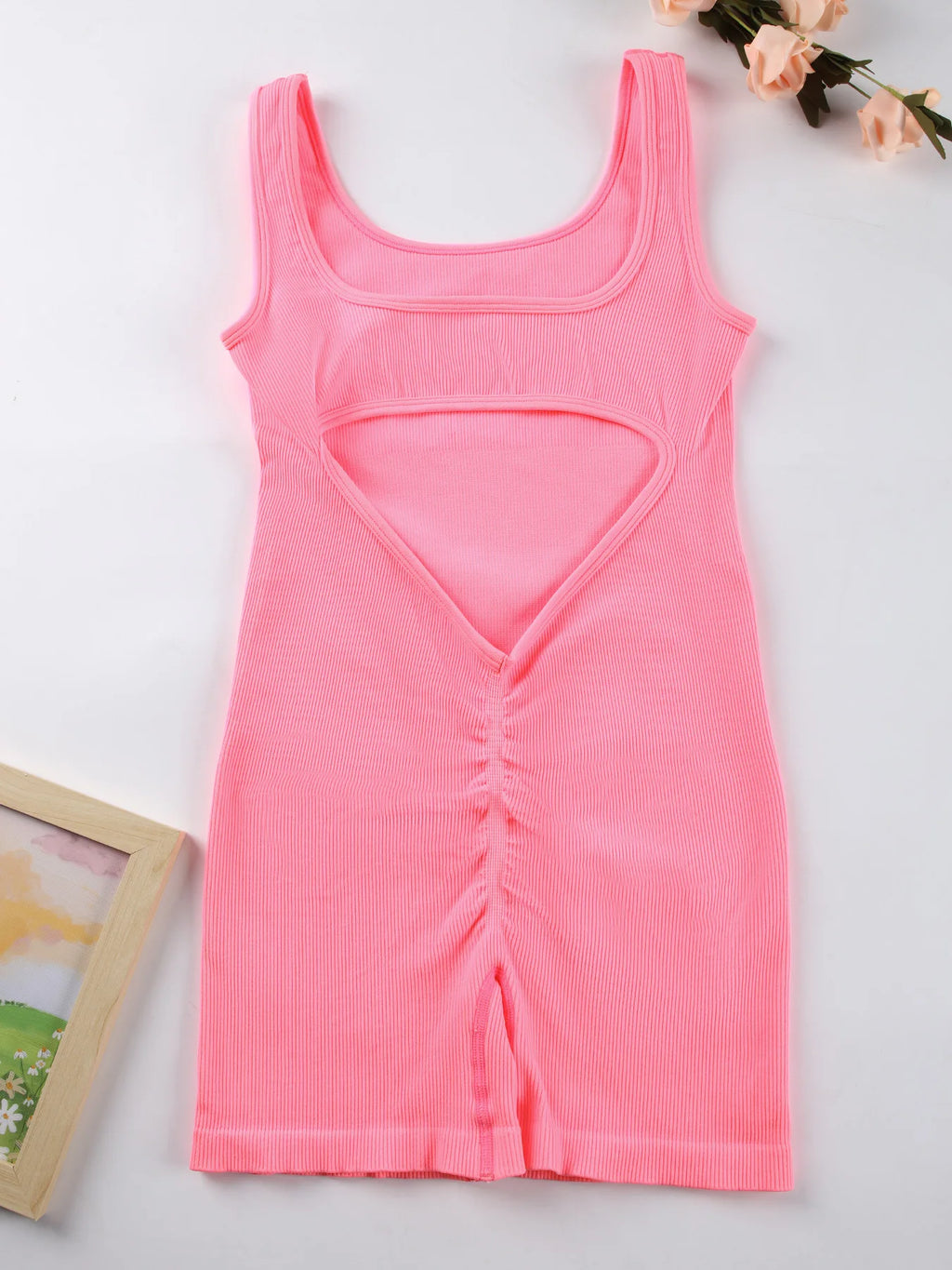 1PCS Backless Yoga Suit U Neck Sleeveless Sports Jumpsuit Solid Colour Threaded Stretch Women Bodysuit Without Bust Pads