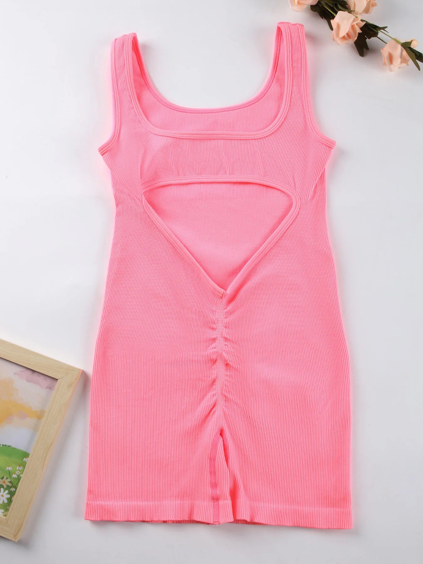 1PCS Backless Yoga Suit U Neck Sleeveless Sports Jumpsuit Solid Colour Threaded Stretch Women Bodysuit Without Bust Pads