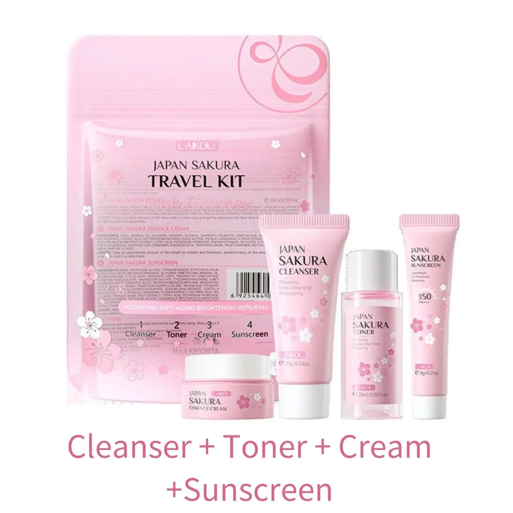 Cherry Blossom Travel Skin Care Set – Cleanser, Serum, Eye & Face Cream, Sunscreen