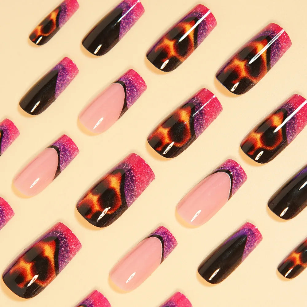 24pcs Medium Long Press-On Nails – Y2K Leopard Gradient Square Ballet Tips