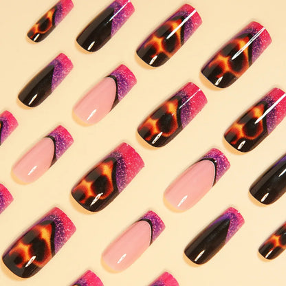 24pcs Medium Long Press-On Nails – Y2K Leopard Gradient Square Ballet Tips