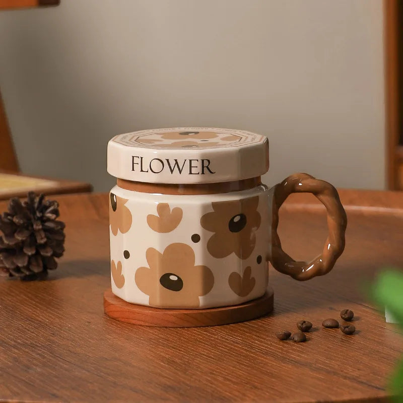 Retro Ceramic Coffee Mug with Lid – Vintage Style Luxury Drinking Cup