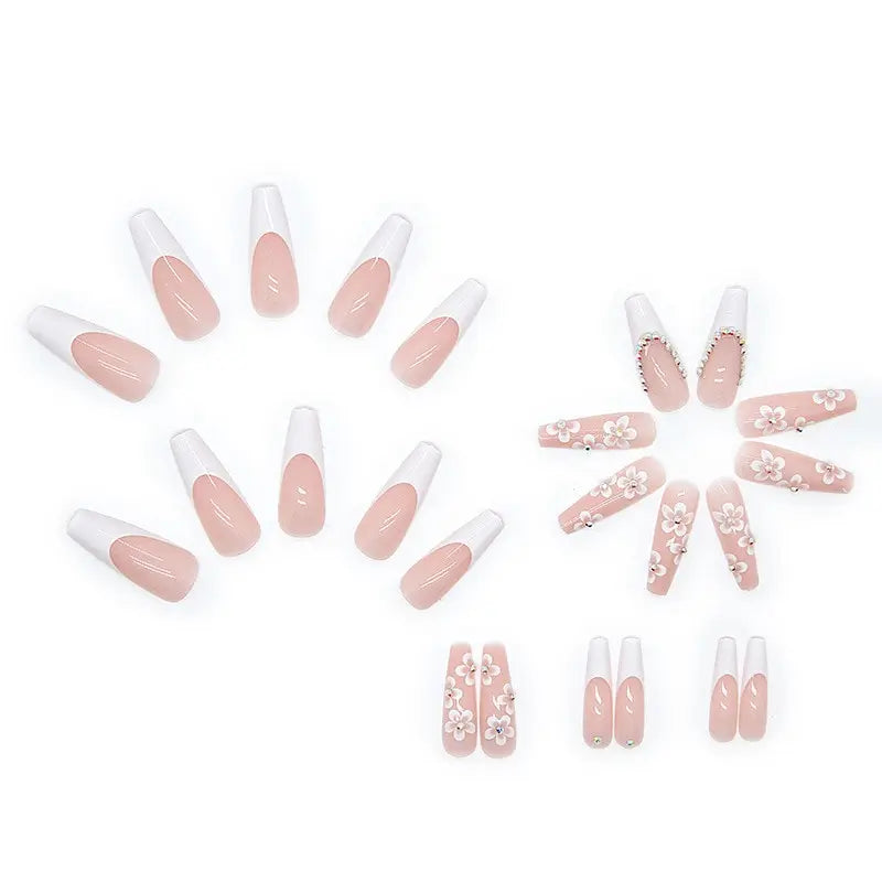 24pcs Long Coffin French Ballerina False Nails with Glue – Full Cover Press-On Tips