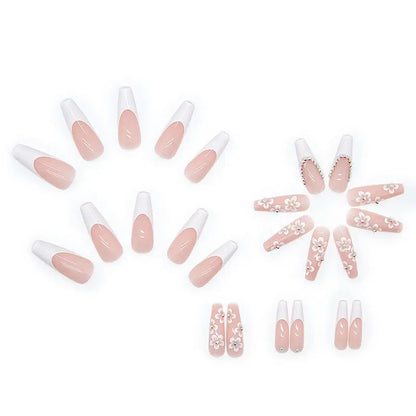 24pcs Long Coffin French Ballerina False Nails with Glue – Full Cover Press-On Tips