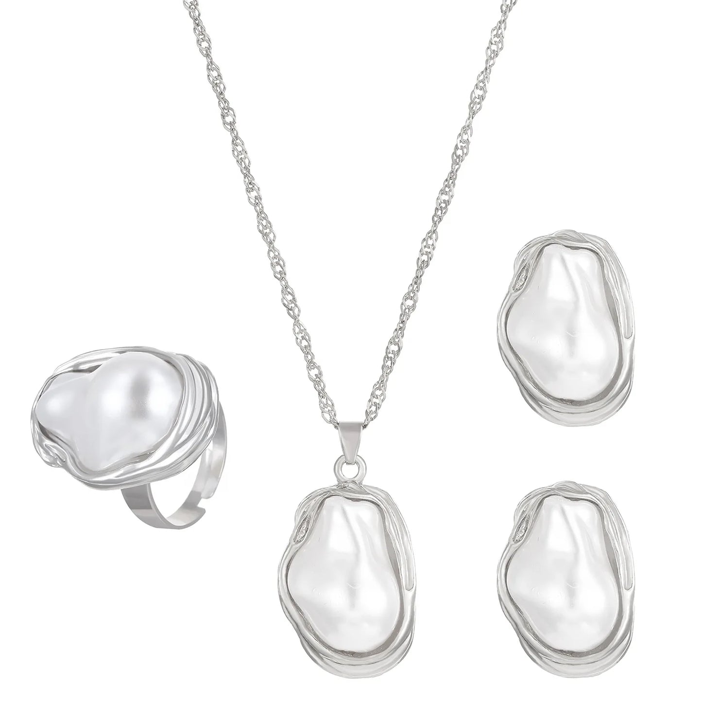 Trendy Baroque Pearl Necklace, Bracelet & Ring Set – Wedding & Party Jewellery for Women