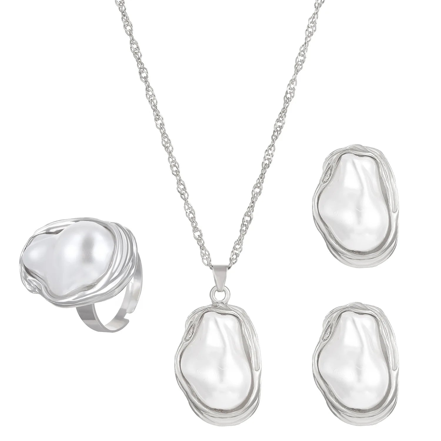 Trendy Baroque Pearl Necklace, Bracelet & Ring Set – Wedding & Party Jewellery for Women