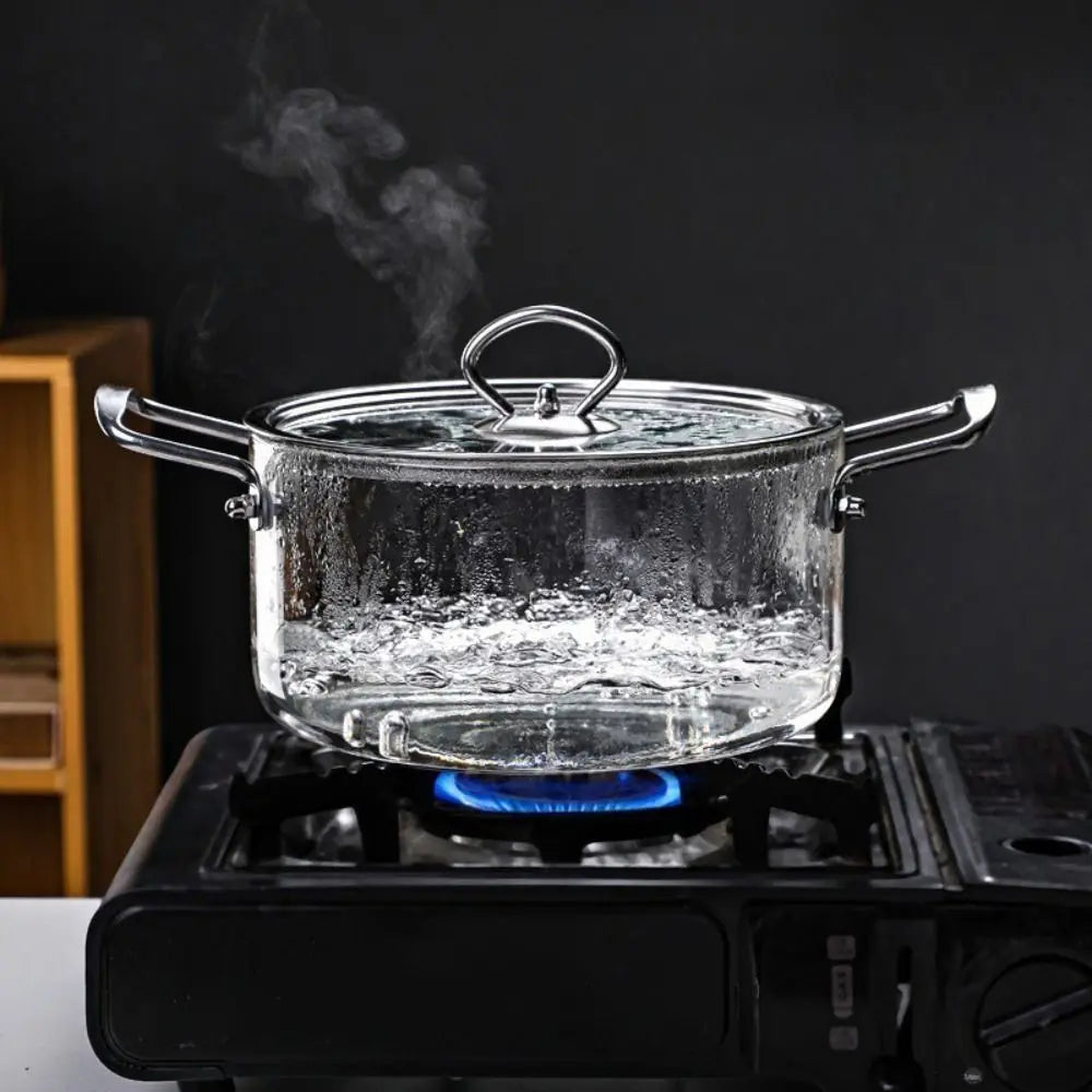Heat-resistant glass double-eared transparent soup pot kitchen household high borosilicate glass stainless steel handle noodle