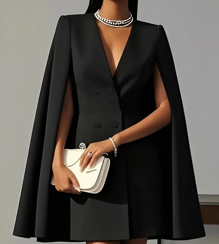 Elegant Autumn Women’s Double-Breasted Blazer Dress – A-Line Shawl Cape for Office & Commuting