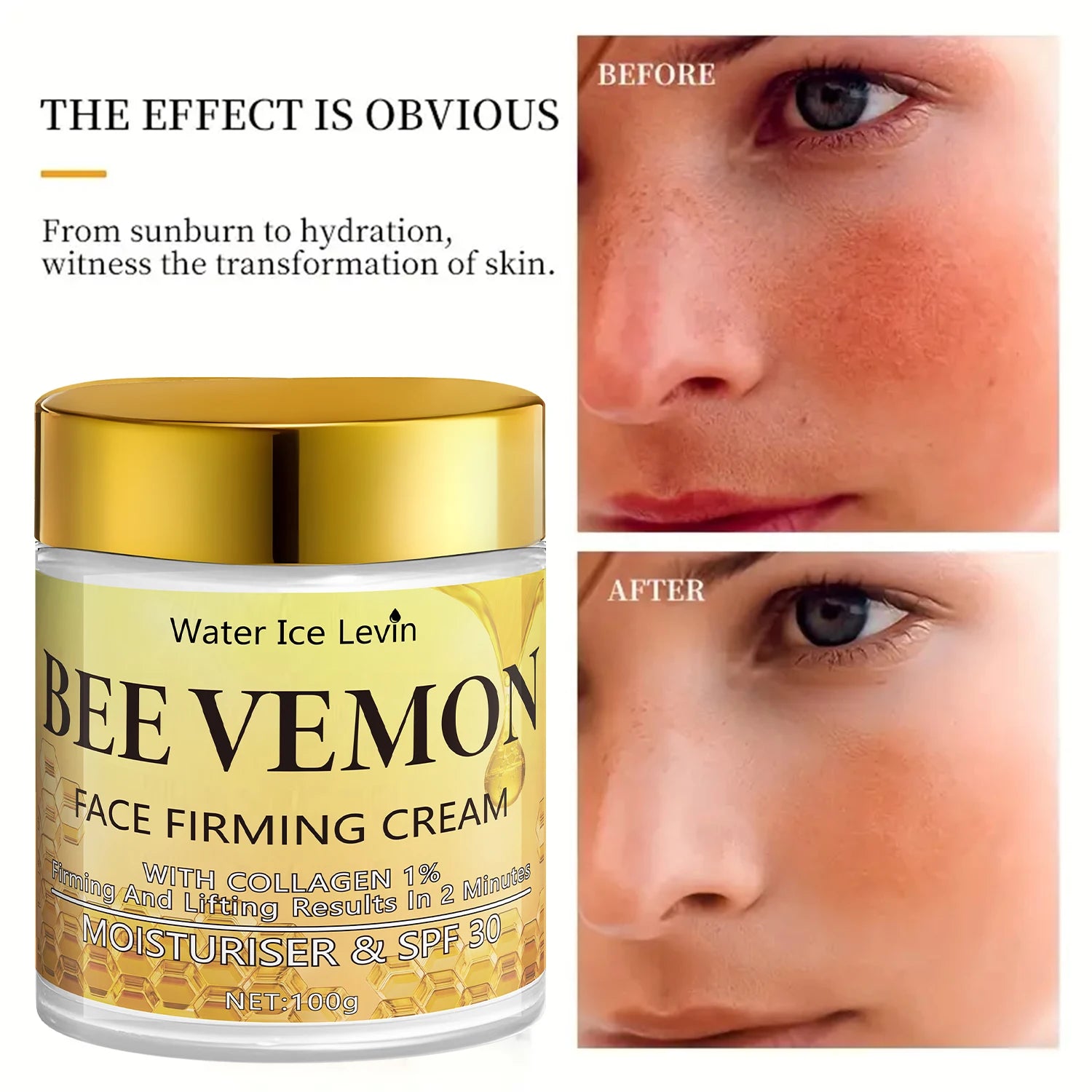 Bee Venom Face Firming Cream. Visible Transformation. With 1% Collagen. Moisturizer & SPF30. Firms Lifts Skin. 100g.