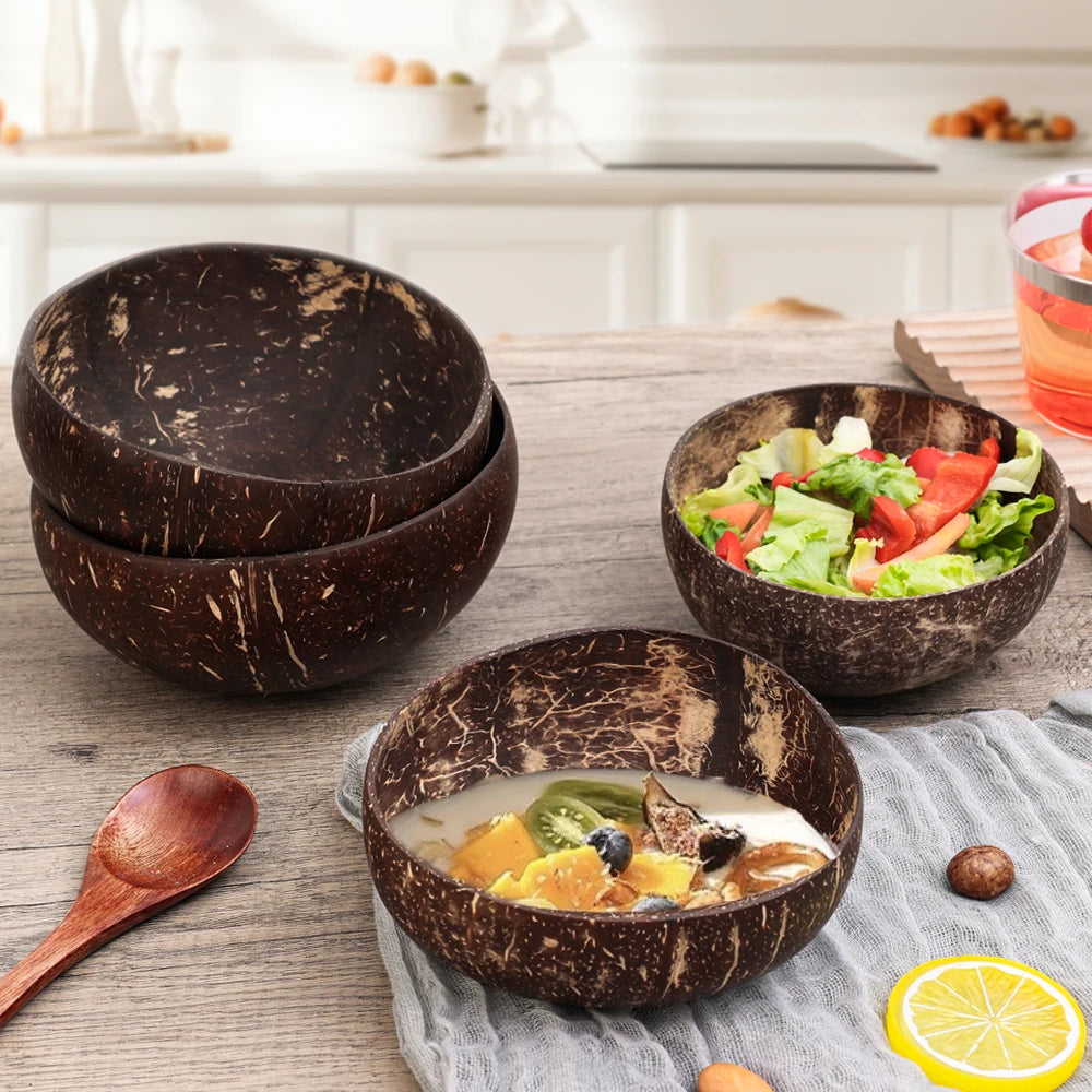 12-15cm Natural Coconut Bowl Serving Dishes Fruit Salad Wooden Reusable Utensils Polished Coconut Shell Bowls Breakfast Party