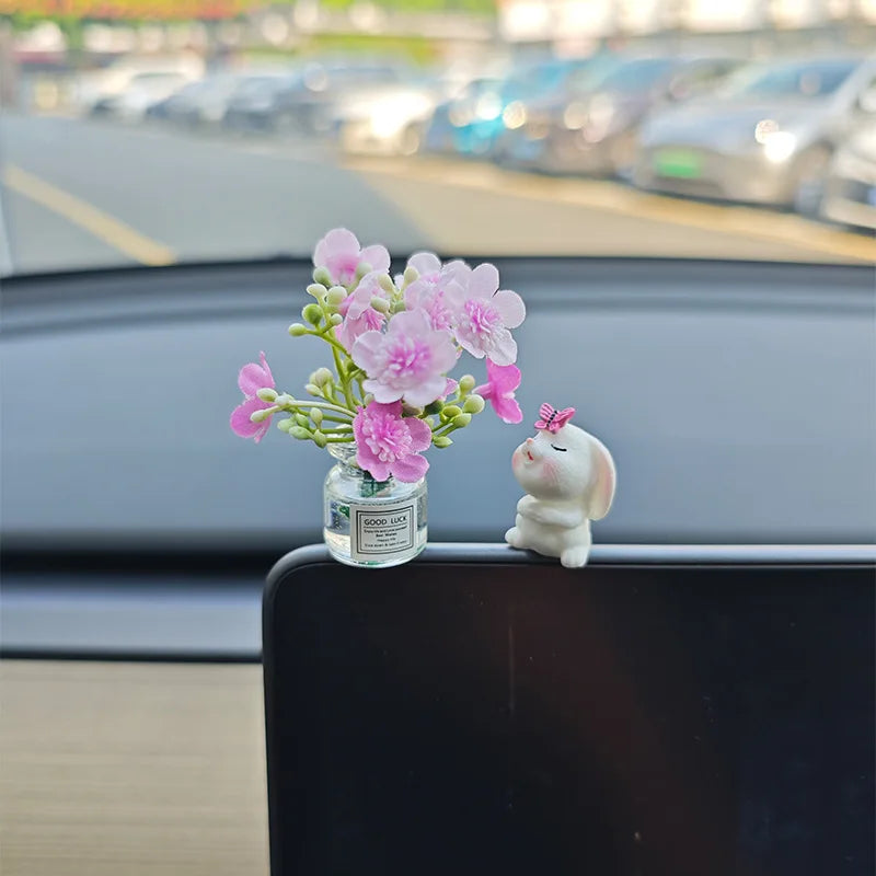 Car Dashboard Vase – Cute Mini Resin Flower Pot with Healing Doll Ornament