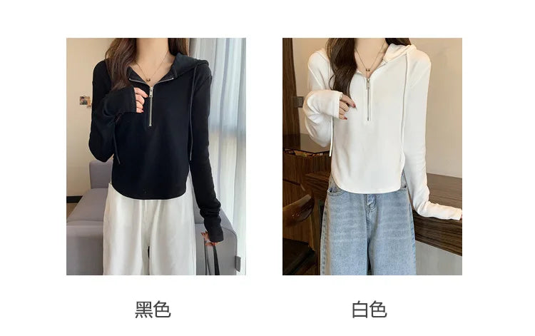 Sweatshirt Design Niche Spring Summer Short Zipper Top Slimming Thin Long-sleeved Hooded Fashion Women's Clothing