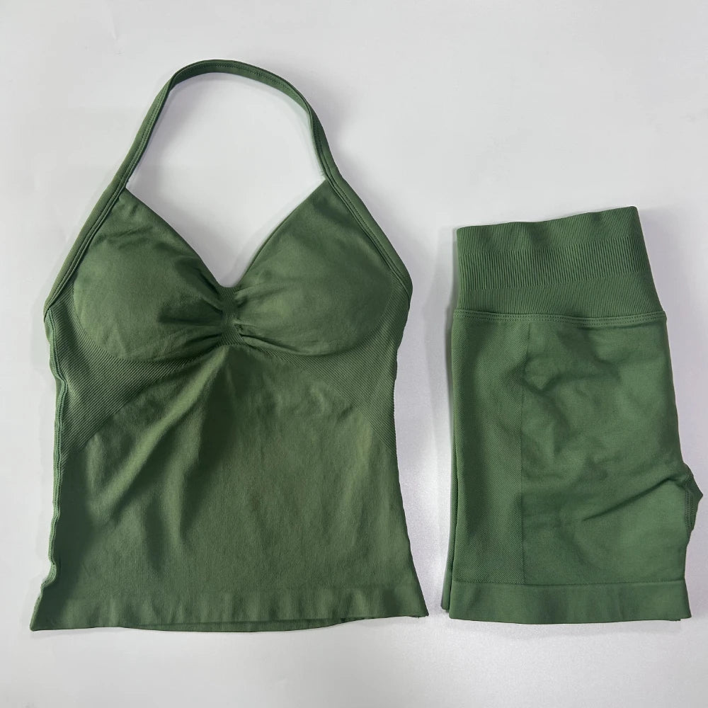 No Logo 2Pcs Gym Set Women Backless Tank Tops High Waist Scrunch Seamless Shorts Gym Suit Fitness Clothes Activewear Workout Set