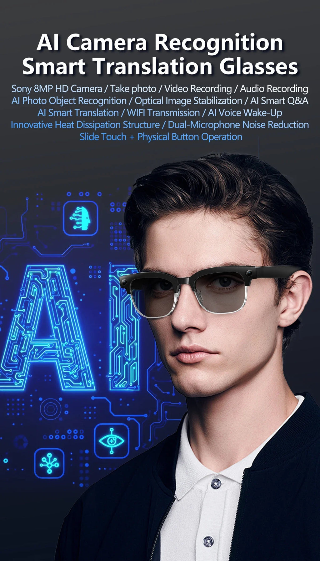 2026New AI Smart Glasses 8 Million HD Pixels Camera Photo Video Recording WIFI Transmission Sunglasses Call Music Play Men Women