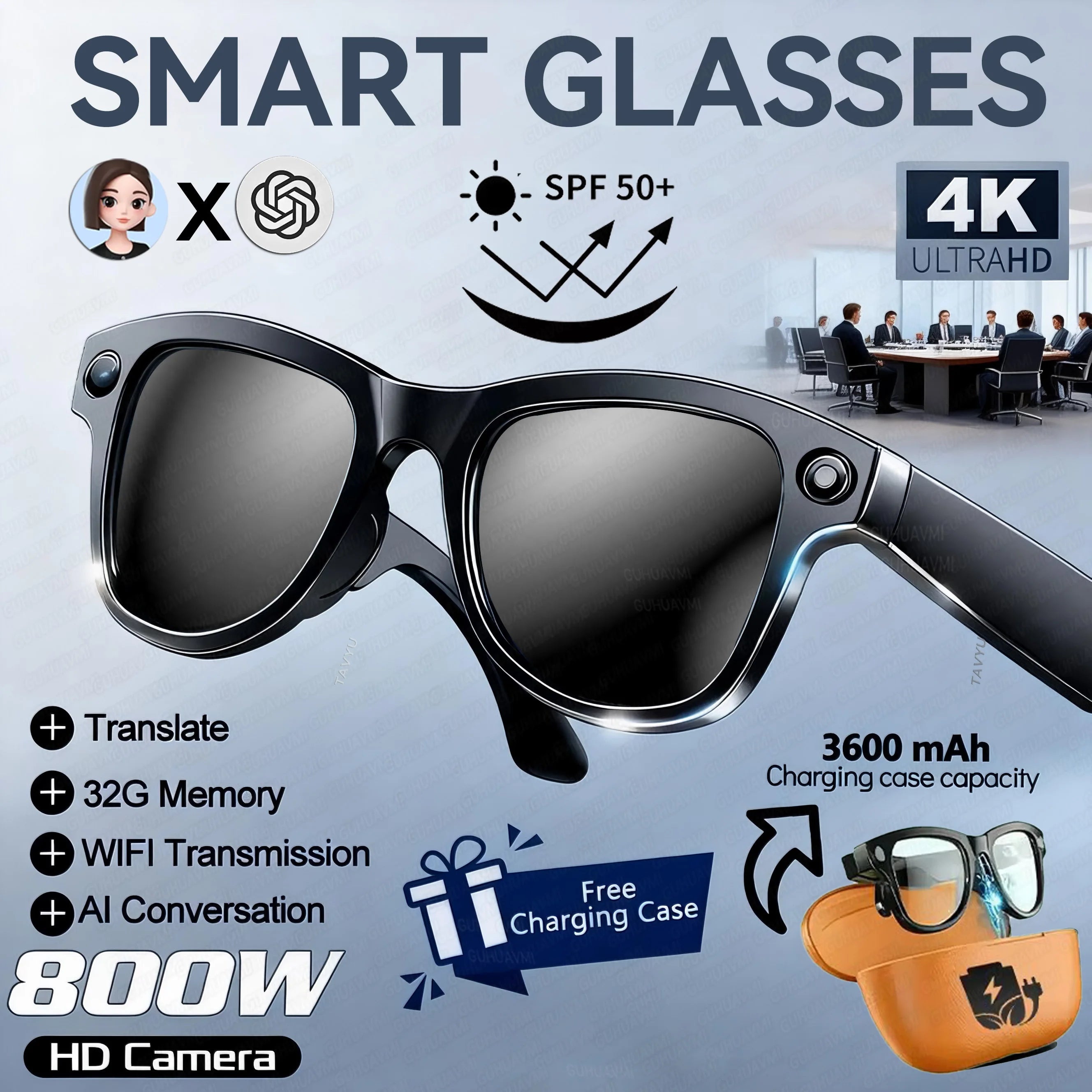 AI Smart Glasses 800W HD Pixel Camera Video Recording Outdoor Sport Sunglasses ChatGpt Translation Voice Call Bluetooth glasses
