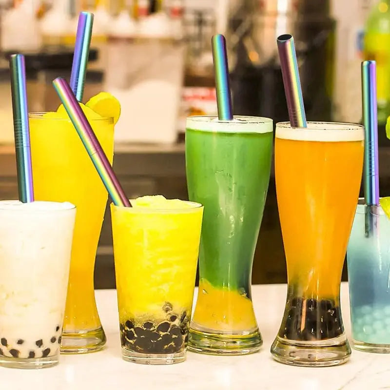 Reusable Boba Drinking Straws with Cleaning Brush 4Pcs Extra Wide Stainless Steel Metal Bubble Tea Straw for Smoothie MilkShakes