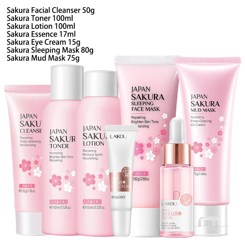 9-Piece Sakura Skincare Set – Facial Cleanser Cream Sunscreen & Masks for Glowing Skin
