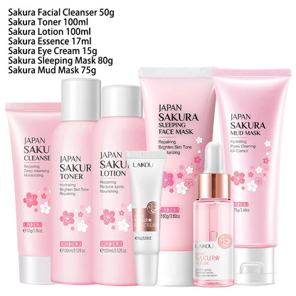 9-Piece Sakura Skincare Set – Facial Cleanser Cream Sunscreen & Masks for Glowing Skin