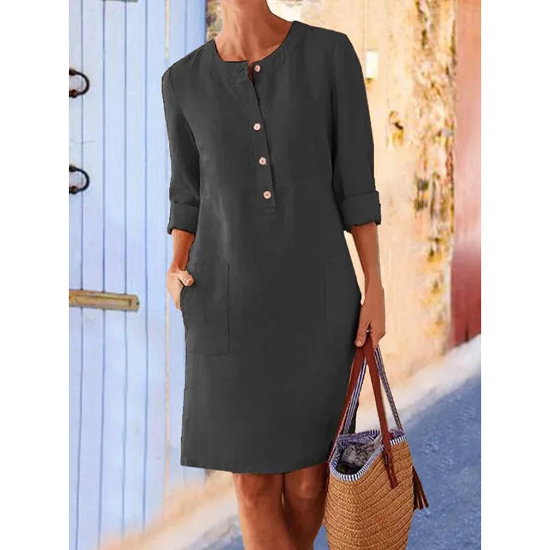 Women’s Cotton Linen Tunic Dress – Long Sleeve Knee-Length