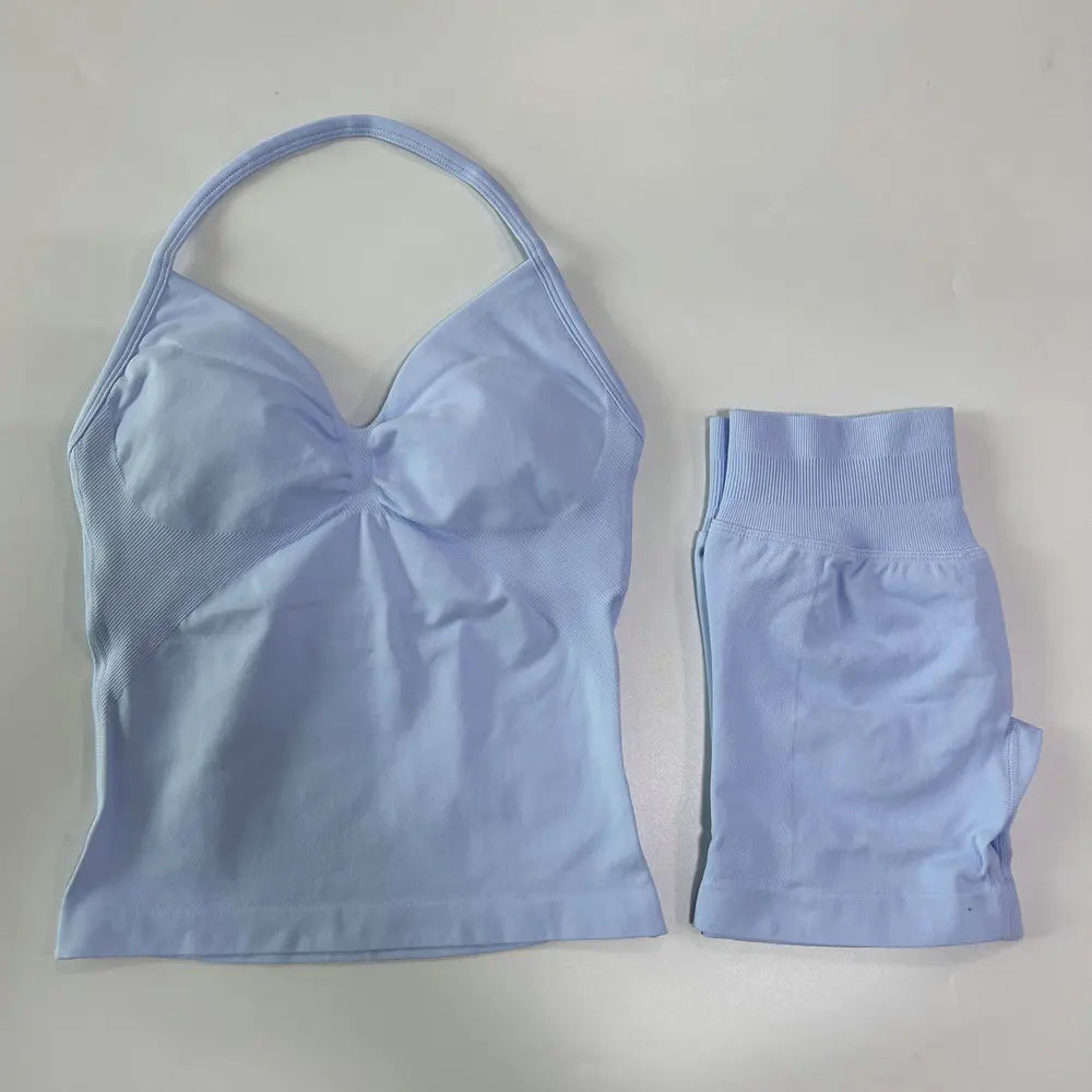 No Logo 2Pcs Gym Set Women Backless Tank Tops High Waist Scrunch Seamless Shorts Gym Suit Fitness Clothes Activewear Workout Set