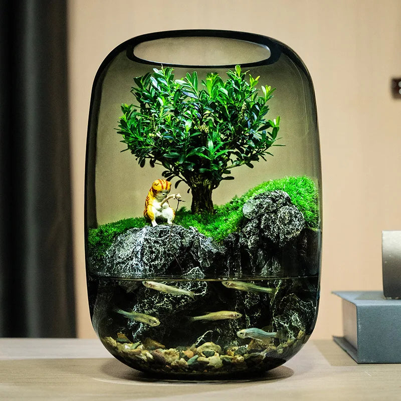 Mini Aquariums Indoor Glass Fish Tank Desktop Moss Micro-landscape Aquariums Modern Decoration Terrarium Fish Tanks with Lamp