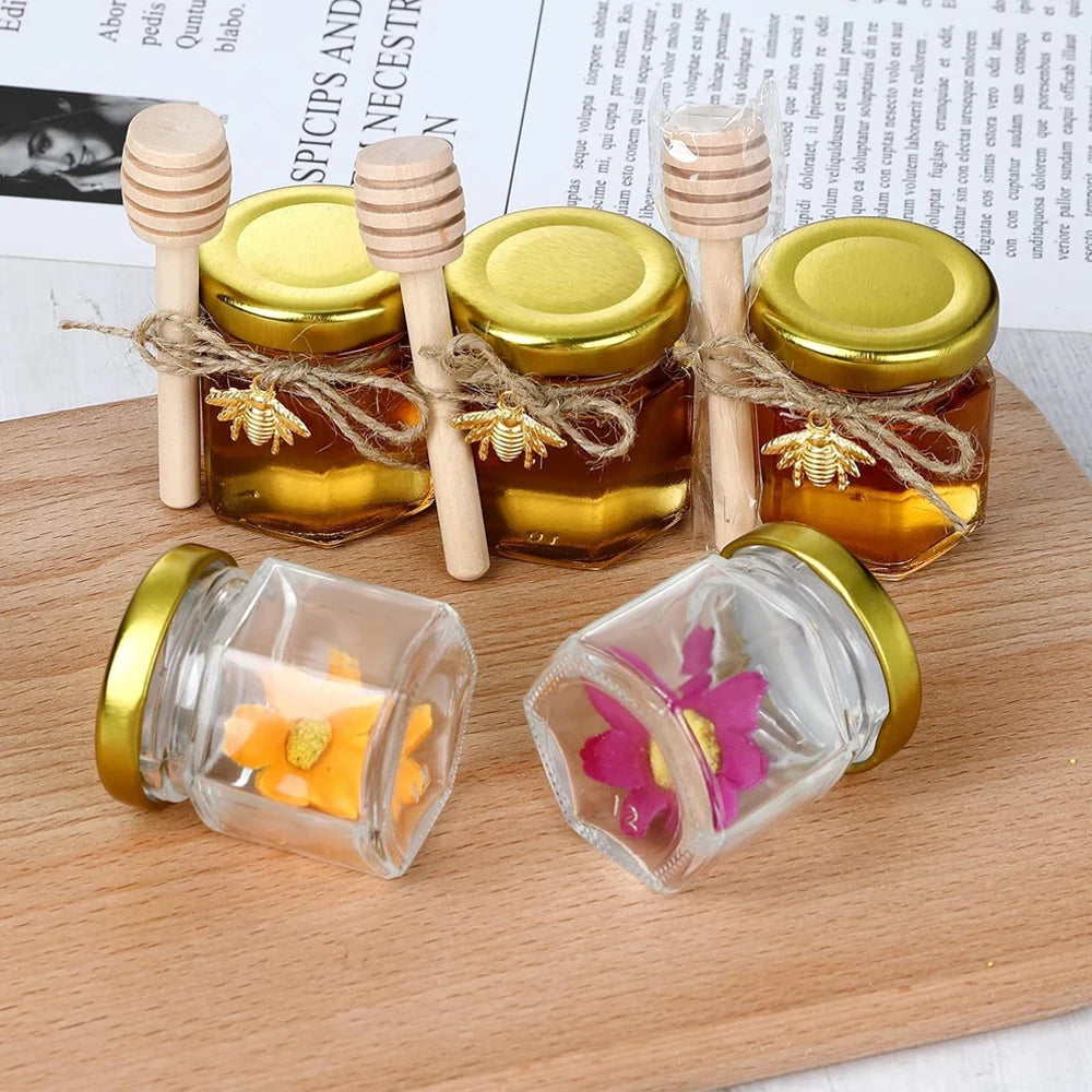 Hexagon Mini Honey Jars – Glass Jars with Dipper & Gold Lid