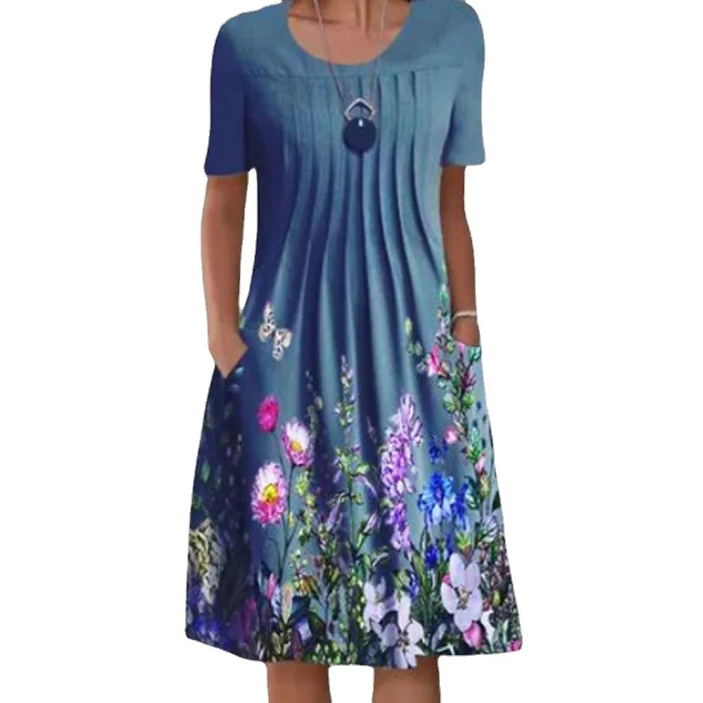 Summer Women’s Floral O-Neck Dress – Casual Knee-Length Short Sleeve A-Line Dress