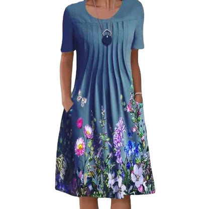 Summer Women’s Floral O-Neck Dress – Casual Knee-Length Short Sleeve A-Line Dress